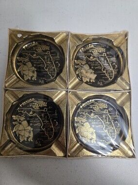 Vintage Mini Tin Ashtrays Florida Set Of 4 Gold Black New In Package NOS Novelty